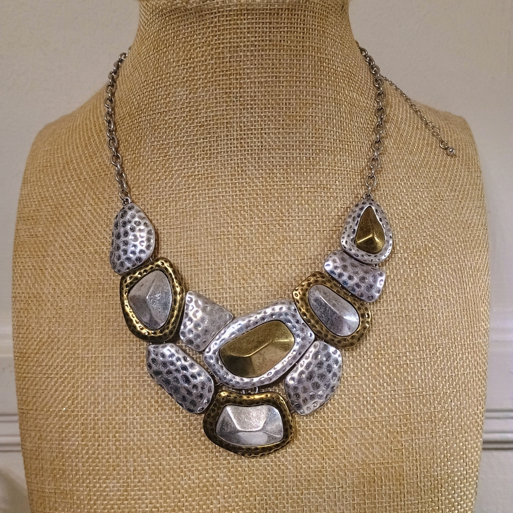 NWOT Premier Designs Silver and Gold Textured Necklace Signed In Bag